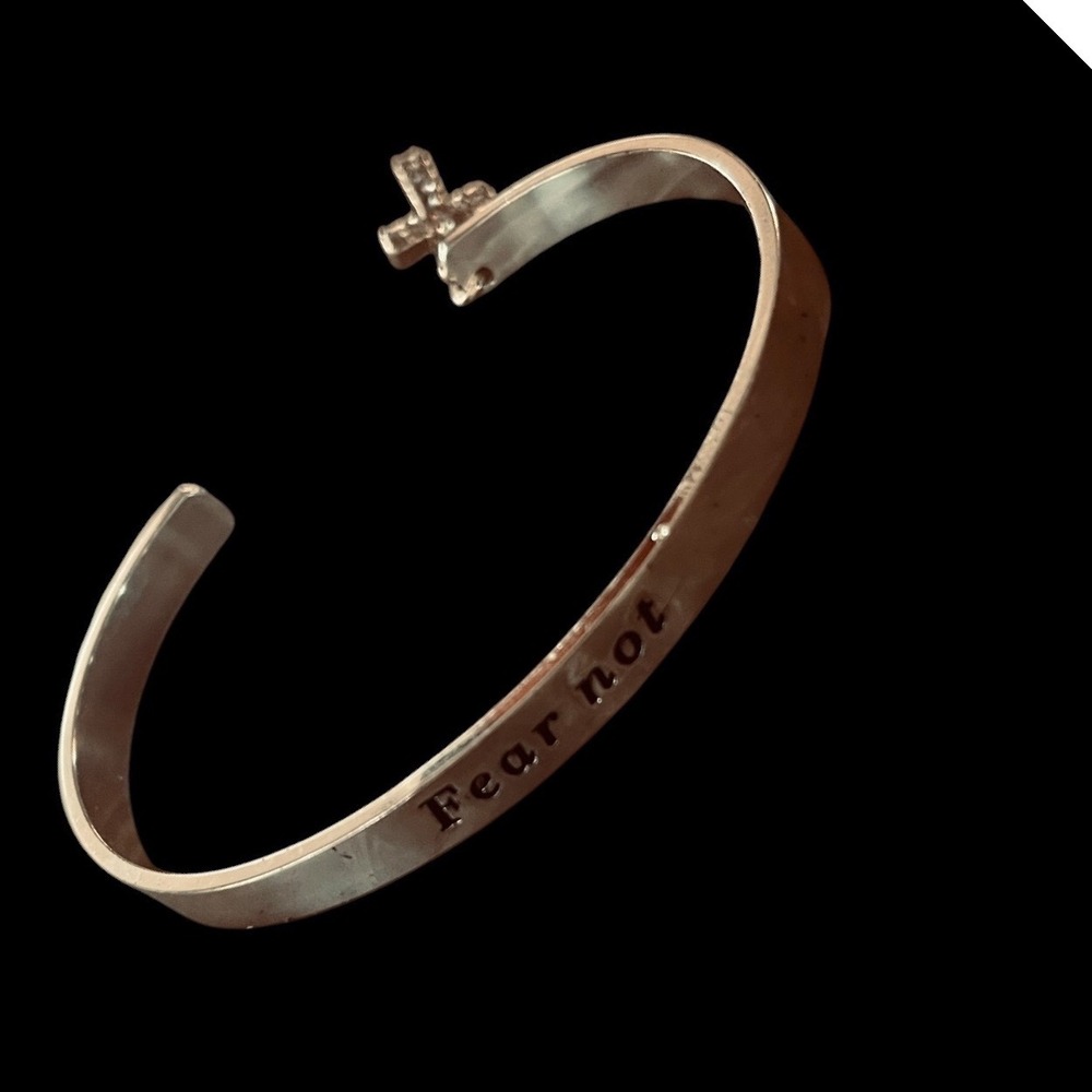 Fear Not Engraved Silver Tone Cuff Bracelet with Rhinestone Cross Charm Womens